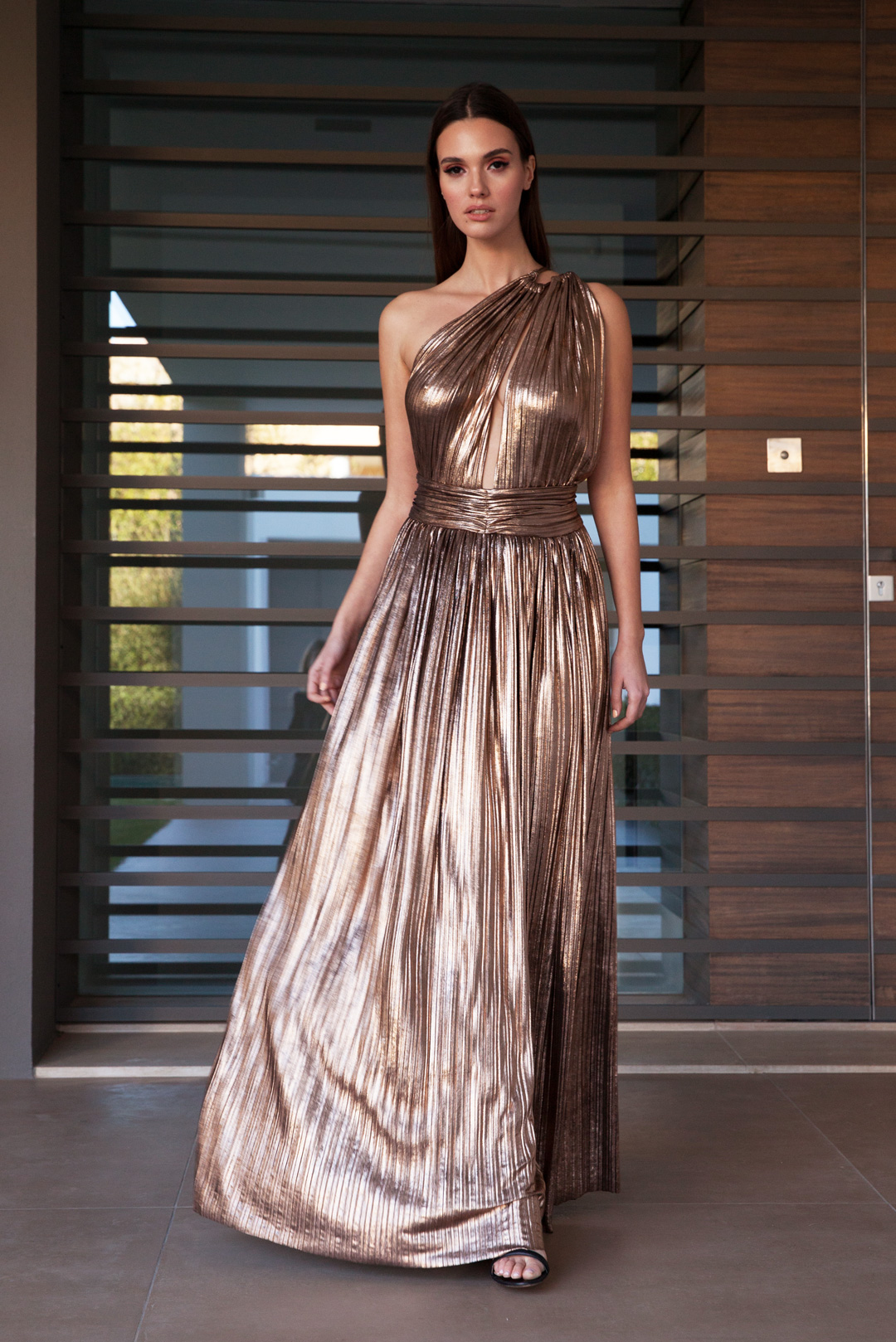 metallic one shoulder dress